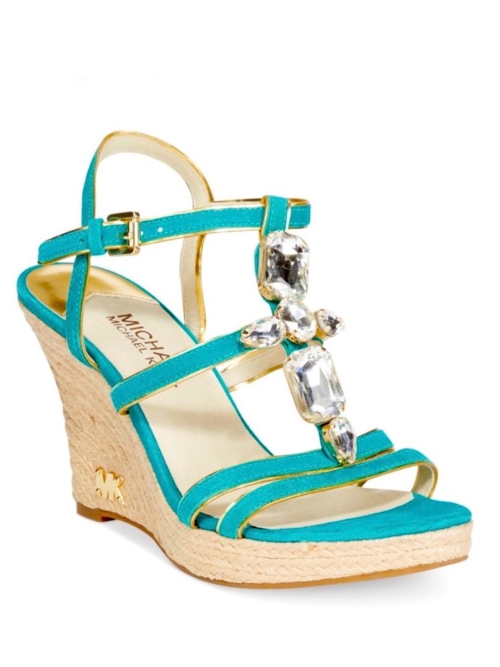 AUTHENTIC Michael Kors Aqua & Gold Suede Espadrille Wedge Sandals - size 7